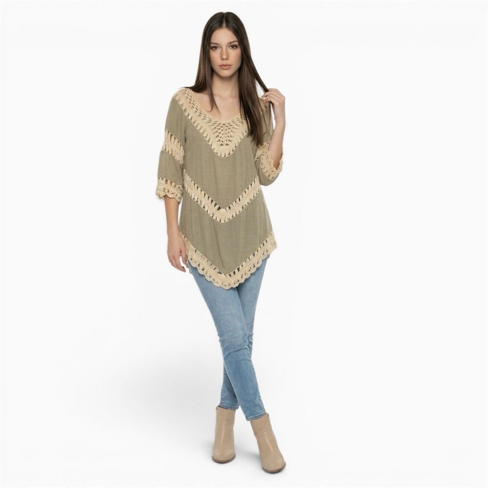 John Fashion Women’s Macrame Crochet Tunic Top Green XL Boho Festival Beachy - Picture 2 of 16